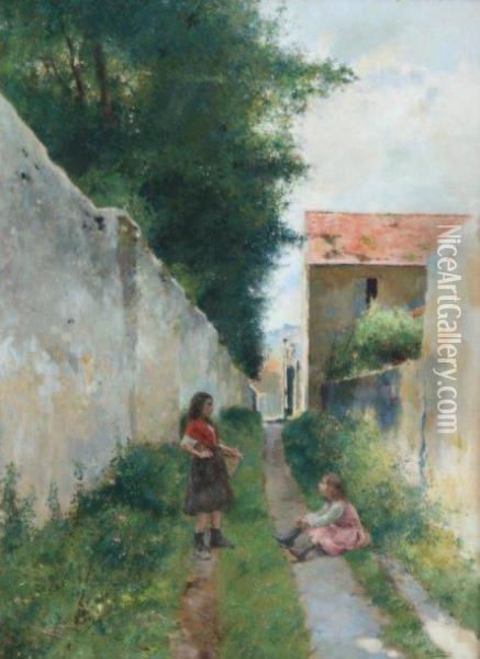 Conversation D'enfants Dans Un Village Oil Painting - Luis Jimenez Y Aranda