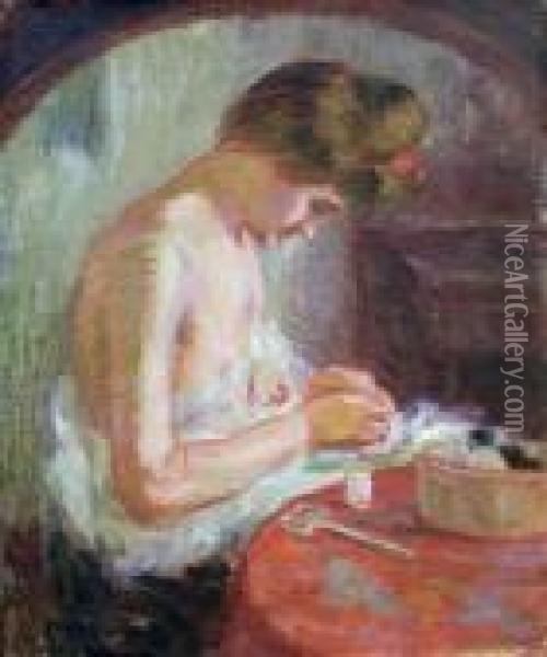 Femme Cousant(au Verso Etude De Tahitienne) Oil Painting - Raphael-Leon Leguilloux