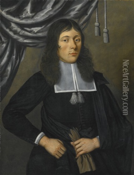 Portrait Of A Gentleman, Three-quarter Length, In A Black Cape, Holding A Glove, Standing In Front Of A Curtain Oil Painting - Edward Collier