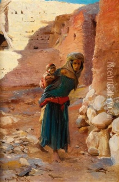 Femme Portant Son Enfant, El Kantara Oil Painting - Eugene Alexis Girardet