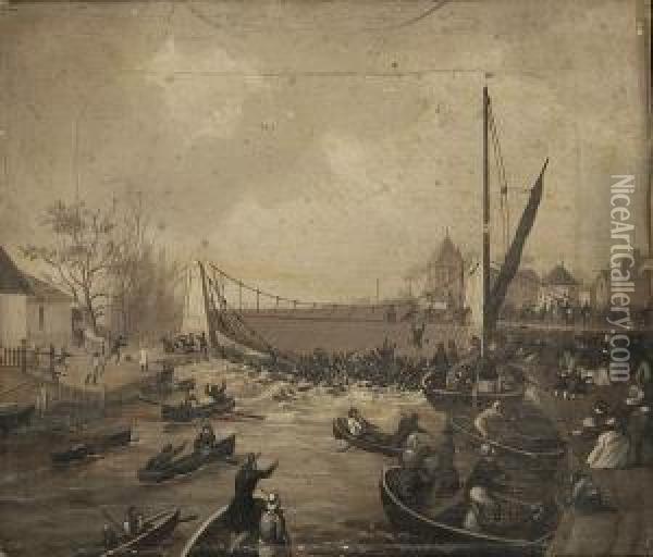 Falling Of The Bridge Great Yarmouth Oil Painting - Cornelius Jason W. Winter