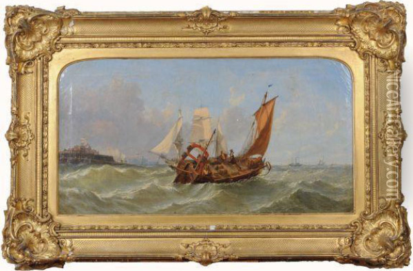 Fishing Boat Off The South Coast With Other Shipping Oil Painting - William Callow