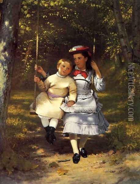 Two Girls on a Swing Oil Painting - John George Brown