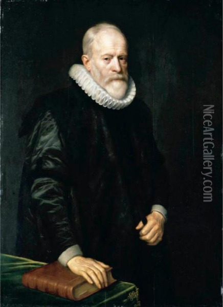 Portrait Of A Gentleman, 
Three-quarter Length, Wearing Black With A White Ruff And Standing 
Beside A Table With His Hand On A Book Oil Painting - Michiel Jansz. Van Miereveldt