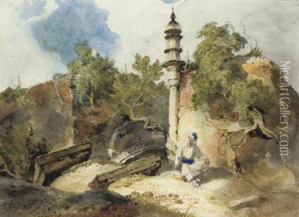 A Bengal Landscape With The Ruins Of A Mosque Oil Painting - George Chinnery