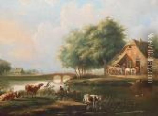 Bauerliche Fluslandschaft Mit Brucke, Fahrboot, Figuren Und Tieren Oil Painting - Albertus Verhoesen