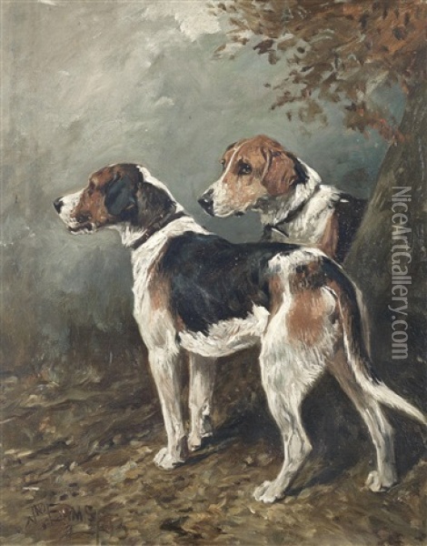 Two Foxhounds In A Landscape Oil Painting - John Emms