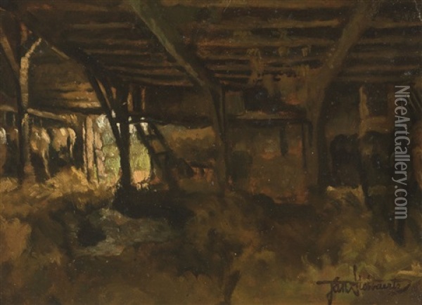 In The Stable; View Inside The Stable; La Bicoque (3 Works) Oil Painting - Jan (Jean Baptiste) Stobbaerts