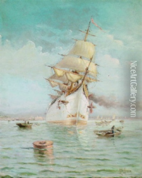 A Magnificent Steam-sailership Leaving Port Under Full Power And Billowing Sails Oil Painting - Henri Malfroy-Savigny