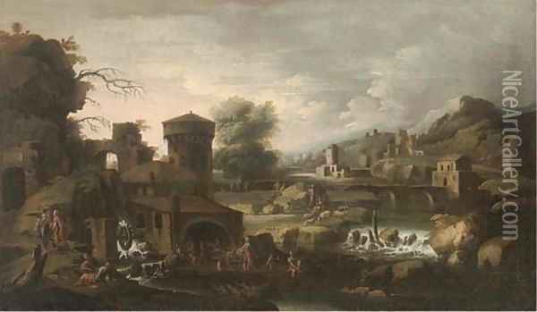 An extensive Italianate landscape with Tobias and the Angel Oil Painting - Sinibaldo Scorza
