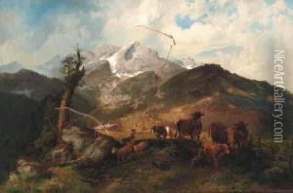 A Herder With Sheep And Cattle In An Alpine Landscape Oil Painting - Michael Sachs
