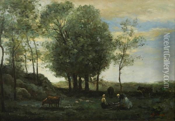 An Extensive Landscape With Figures By A Lake;also A Companion Landscape (a Pair) Oil Painting - J. Evans