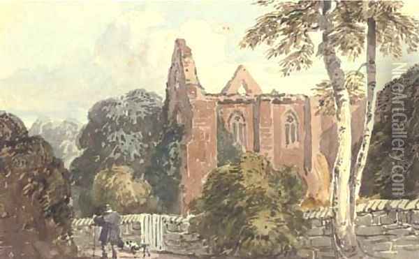 A figure with a dog beside a ruined abbey Oil Painting - David Cox
