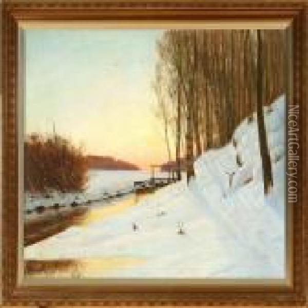 Winter Landscape Atsunset Oil Painting - Emil Winnerwald