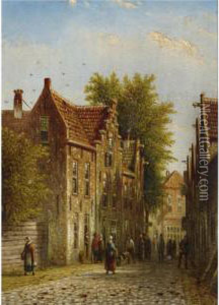 Daily Life In A Dutch Town: A Pair Of Paintings Oil Painting - Johannes Franciscus Spohler
