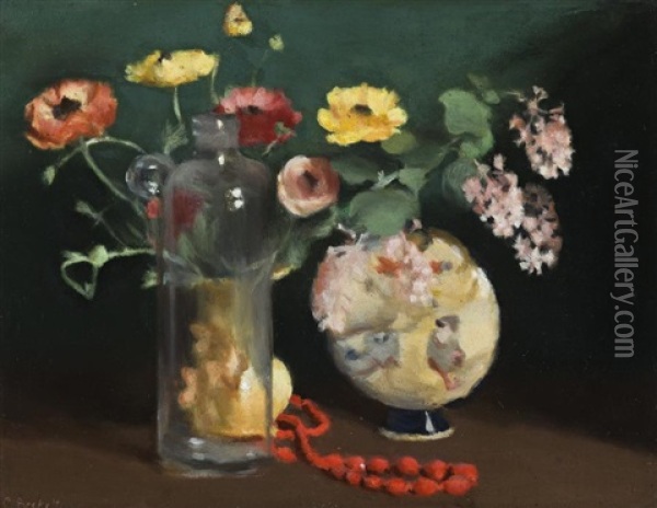 Ranunculi With Coral Beads Oil Painting - Clarice Marjoribanks Beckett