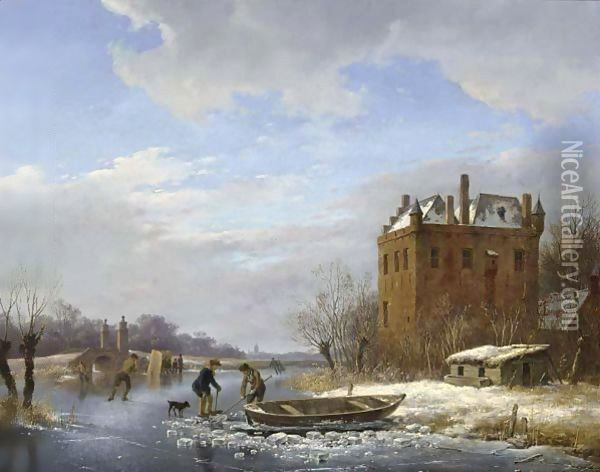 A Winter Landscape With Figures On The Ice Oil Painting - Andreas Schelfhout