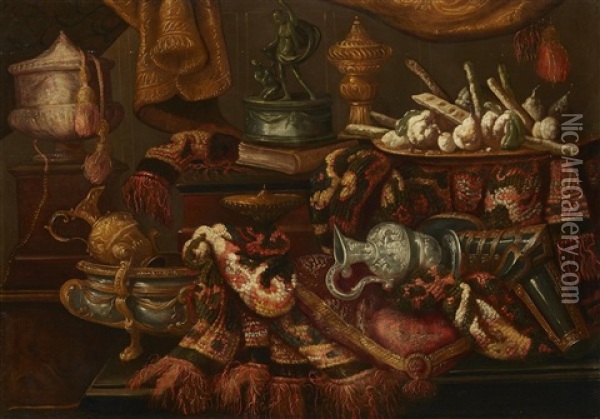 Still Life With Fabric, Sweetmeats, And Vessels Oil Painting - Antonio Tibaldi