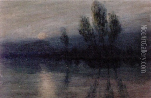 Moonlit Home At Water's Edge Oil Painting - Alexander John Drysdale