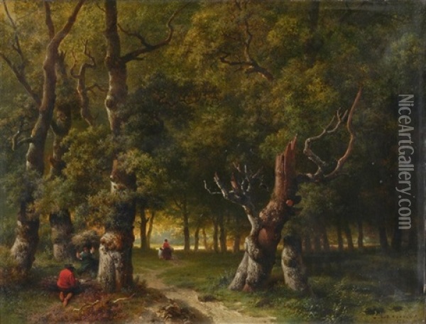 Waldlandschaft Mit Reisigsammlern Oil Painting - Pieter Lodewijk Kuhnen
