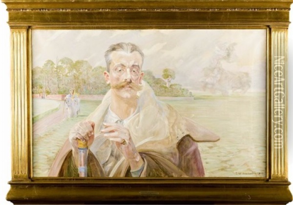 Portrait Of Man With Landscape In Background Oil Painting - Jacek Malczewski