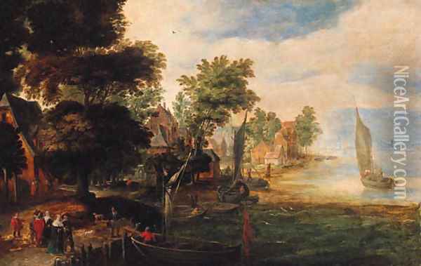 Elegant company with bargemen at a village landing stage Oil Painting - Jan Brueghel the Younger