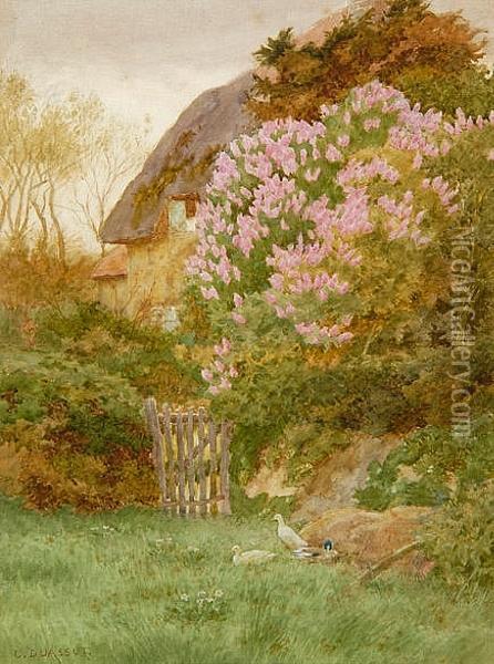 Ducks Before A Lilac Covered Cottage Oil Painting - Curtius Duassut