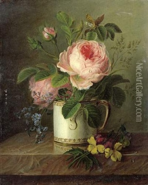 Roses Dans Une Tasse Pres De Pensees Sur Un Entablement Oil Painting - Christiaen van Pol