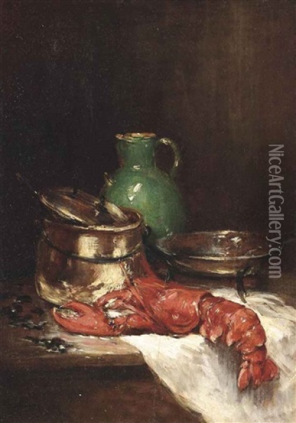 Lobster With Mussels, A Green Jug And Cooking Utensils On A Ledge Oil Painting - Raymond Allegre