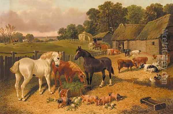 Horses, cattle, pigs, and ducks, in a farmyard, a hunt beyond Oil Painting - John Frederick Herring Snr