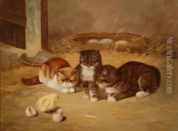 Kittens And Chick Oil Painting - Ary Bergen