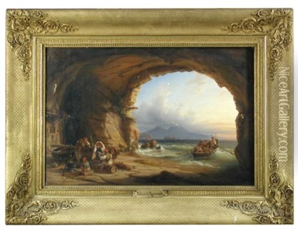 A View Of The Bay Of Naples From Near Pozzuoli, From Within A Fisherman's Cave, With Mount Vesuvius In The Far Distance Oil Painting - Eduard Agricola