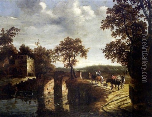 Le Paysage Au Pont De Pierre Avec Trois Paysans Oil Painting - Johannes van der Bent
