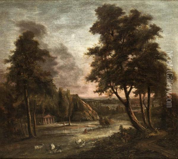 Klassiskt Landskap Med Figurer Oil Painting - Jonas Carl Linnerhjelm