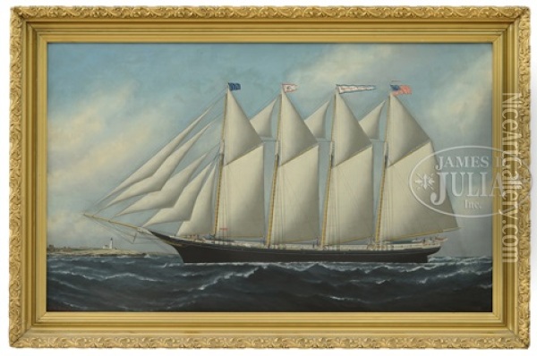 Portrait Of The Four Mast Schooner Charles K Schull Oil Painting - Solon Francis Montecello Badger