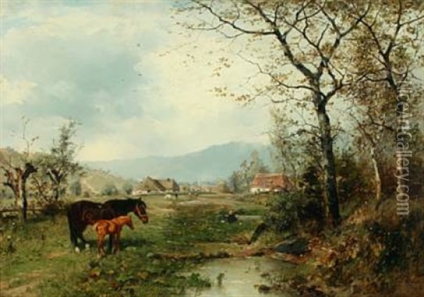 Autumn Landscape With Horses Near A Village Oil Painting - Ludwig Benno Fay