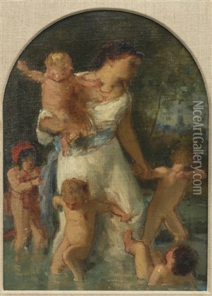 Frau Mit Funf Kindern In Einer Furt Oil Painting - Albert Anker
