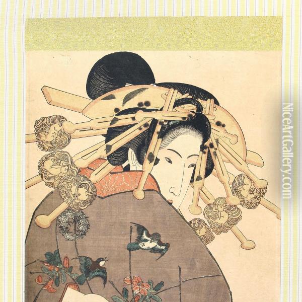 Diptykon Wood Block Print In The Shape Of A Bijin Oil Painting - Gototei Kunisada