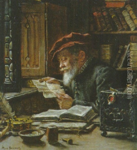 Ein Alter Gelehrter Des 16. Jahrhunderts In Seiner Studierstube Am Tisch Beim Fenster Oil Painting - Max Gaisser