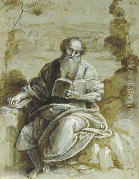 An Evangelist seated in a wooded landscape Oil Painting - Bernardino Lanino
