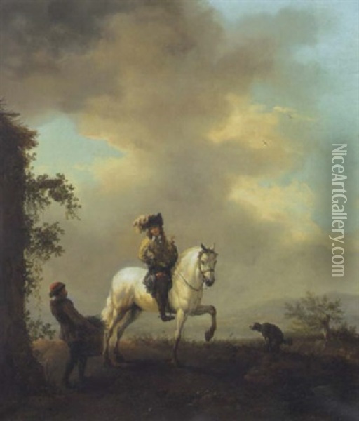 Falkner Zu Pferd Im Gesprach Mit Einem Reisigsammler Oil Painting - Carel van Falens