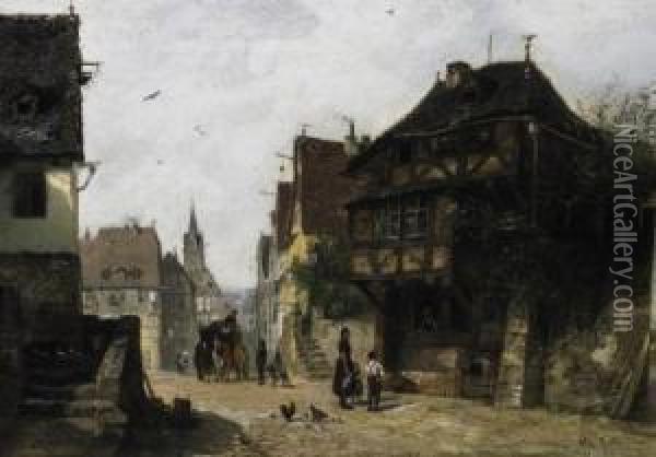 View Of A Small German Town. On The Street A Post-carriage. Signed Bottom Right: Wilh. Riter Oil Painting - Wilhelm Ritter