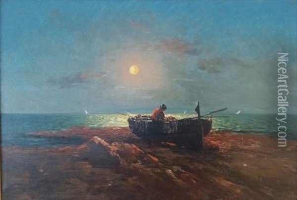 Pecheur Au Clair De Lune Oil Painting - Louis Nattero