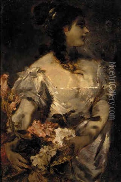 An Elegant Lady With A Flowerbasket Oil Painting - Hans Makart