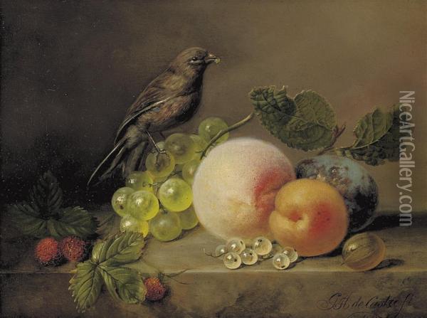 Peaches, Grapes, Raspberries And A Sparrow On A Marble Ledge Oil Painting - Gabriel Henriques De Castro