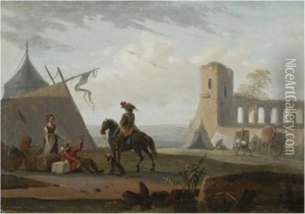 A Military Encampment With Figures Resting In The Foreground Oil Painting - Joseph Swebach-Desfontaines