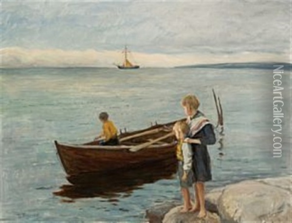 Sosken Ved Vannet Oil Painting - Thorvald Torgersen