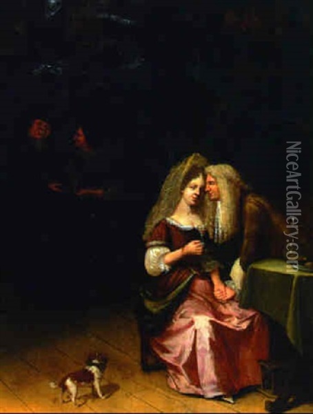 An Elegant Couple Courting In An Interior Oil Painting - Willem van Mieris
