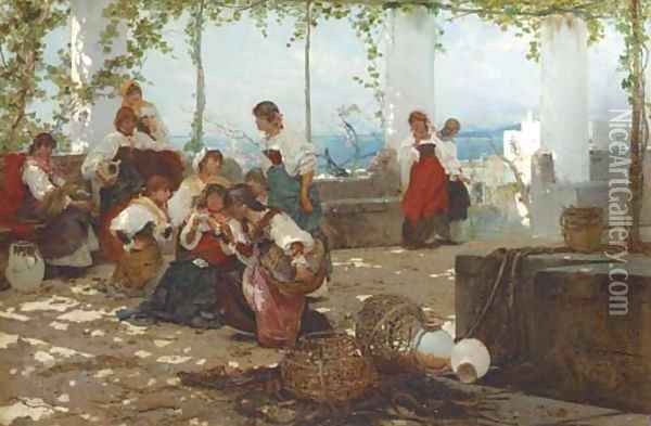 Women on a Terrace, Capri Oil Painting - Anselmo de Guinea