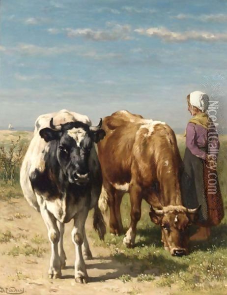 A Herdess With Cattle In A Summer Landscape Oil Painting - Johannes-Hubertus-Leonardus de Haas